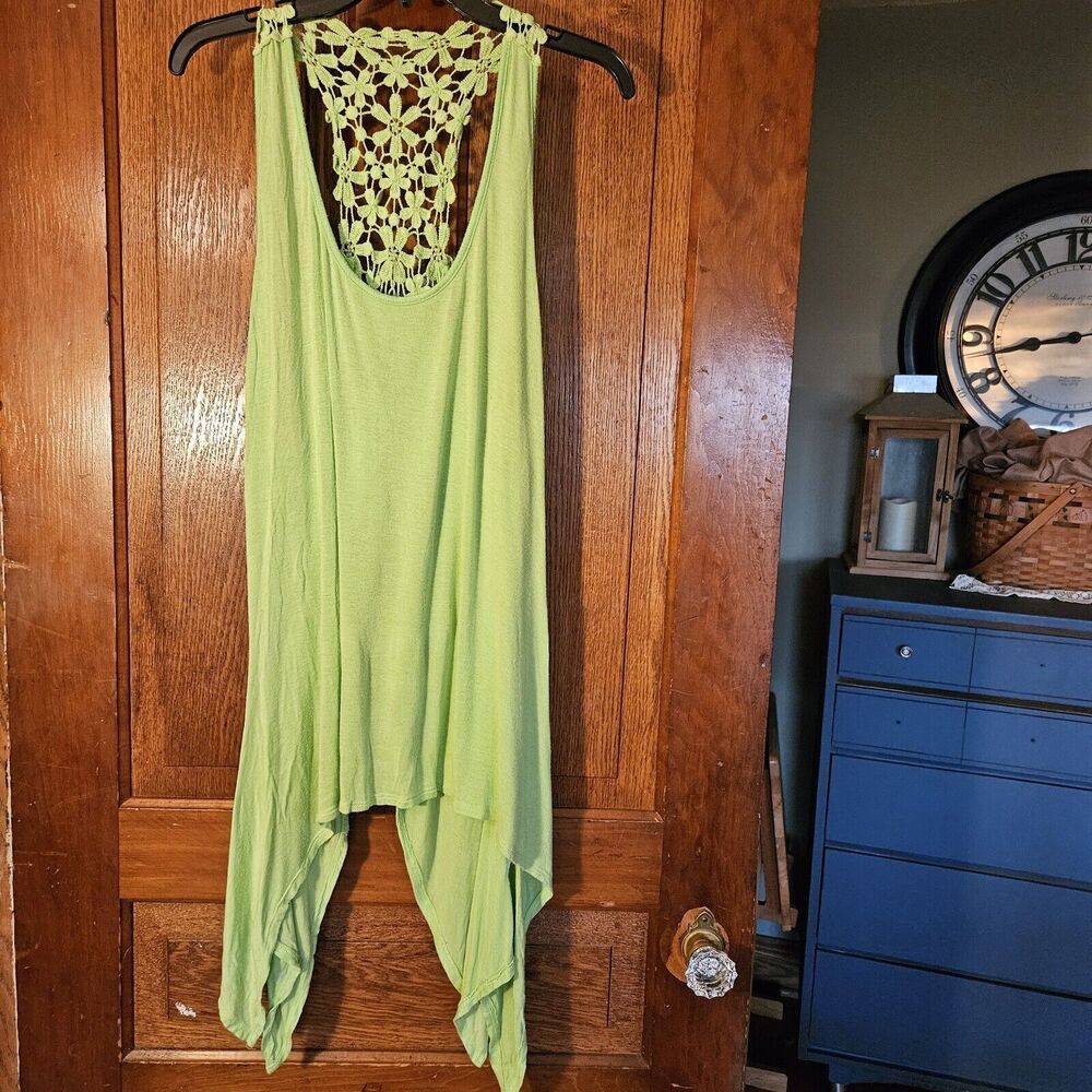 Vintage 90s‎ Deb Neon Green Crochet Tank Top Medium Y2K Fairycore Festival